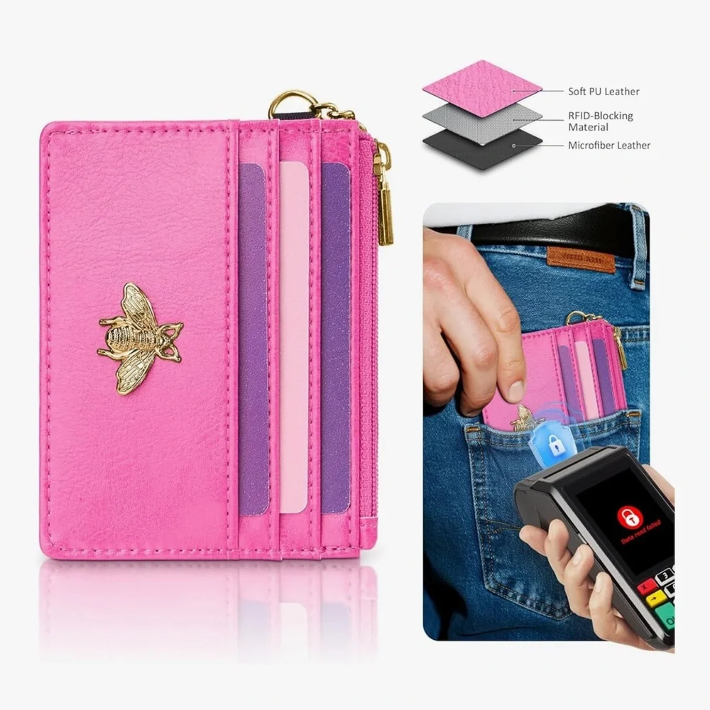 🆕 Card Holder Keychain Wallet for Women with ID Window RFID Coin Purse Bee